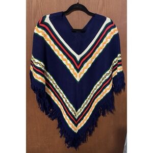 Vtg Miss Erika Acrylic Knit Poncho Cape Navy with Fringe BOHO Sweater GTbA4